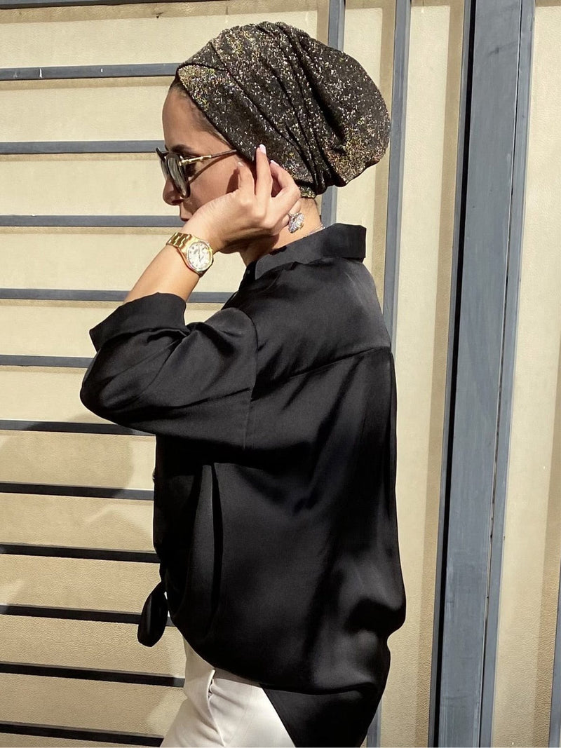 TurbansStuff Beanie Beanie Shimmer Cross Front - Black Gold (Designer Mask Included) Handmade Luxury Fashion Women Headwrap