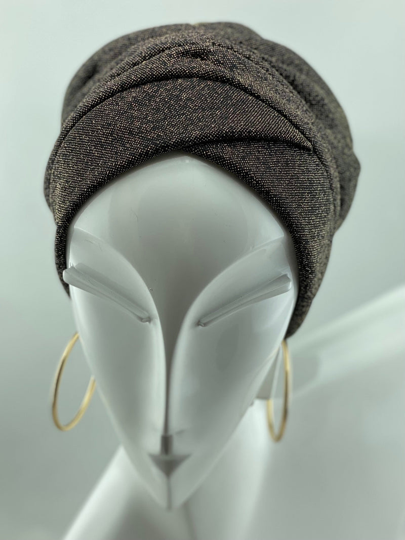 TurbansStuff Beanie Beanie Shimmer Cross Front - Black Gold (Designer Mask Included) Handmade Luxury Fashion Women Headwrap