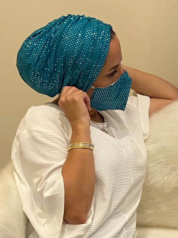 TurbansStuff Beanie Beanie Shimmer - Teal (Designer Mask Included) Handmade Luxury Fashion Women Headwrap
