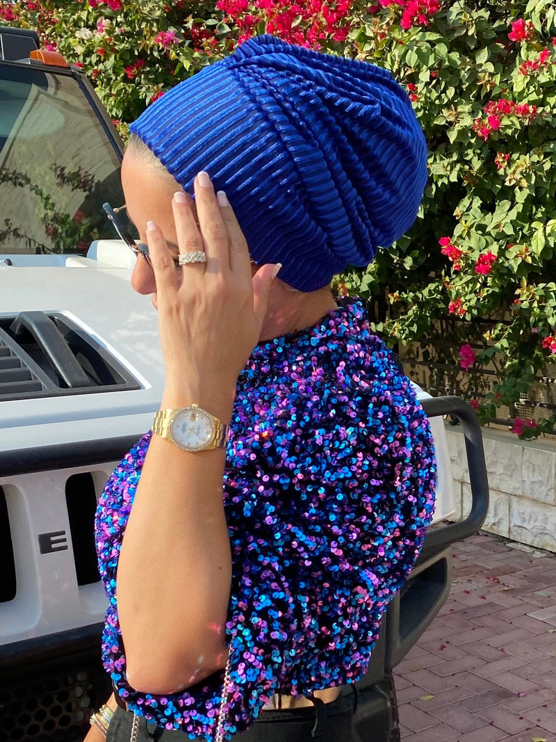 TurbansStuff Beanie Beanie Velvet - Ocean Handmade Luxury Fashion Women Headwrap