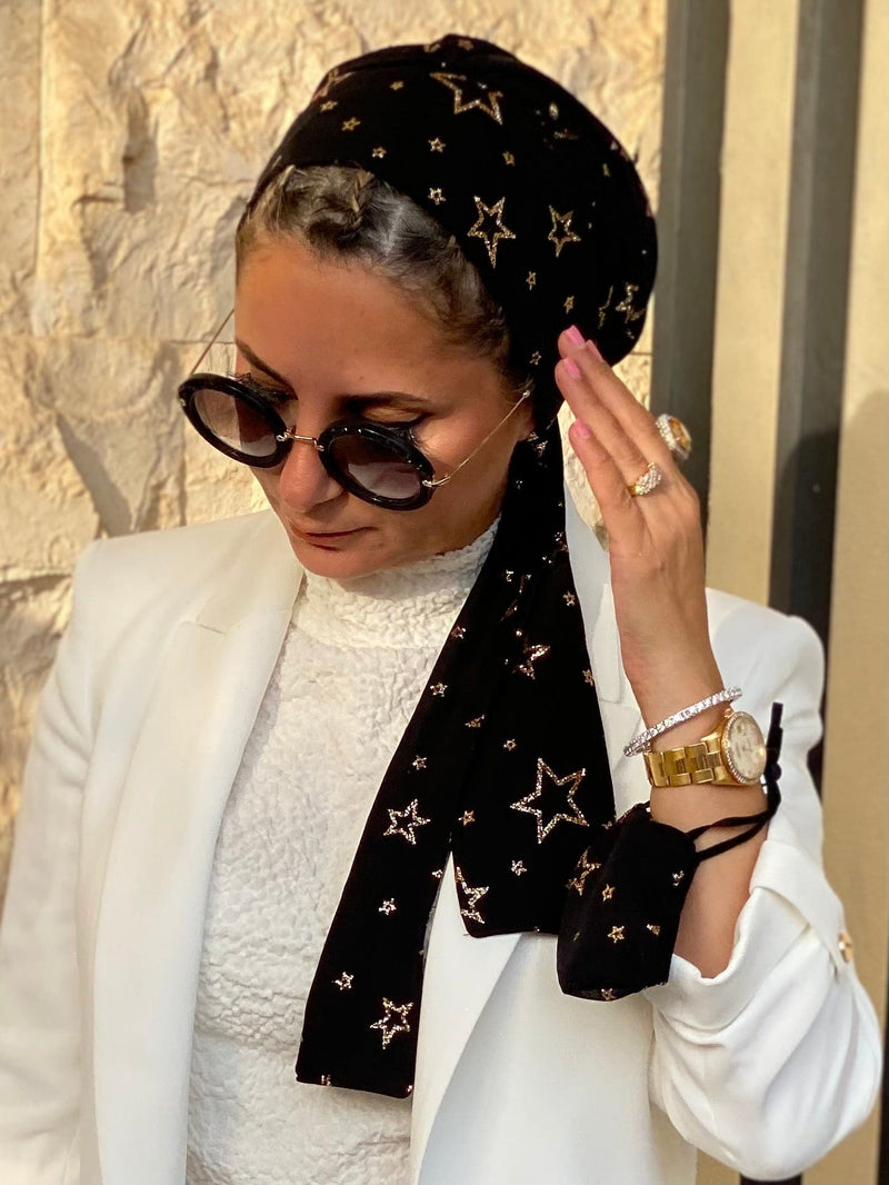 TurbansStuff Beanie Beanie Wrap - Black Chiffon with stars (Designer Mask Included) Handmade Luxury Fashion Women Headwrap