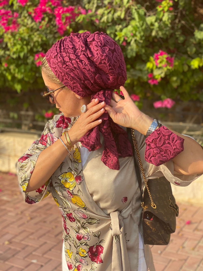 TurbansStuff Beanie Beanie Wrap Lace - Burgundy Handmade Luxury Fashion Women Headwrap