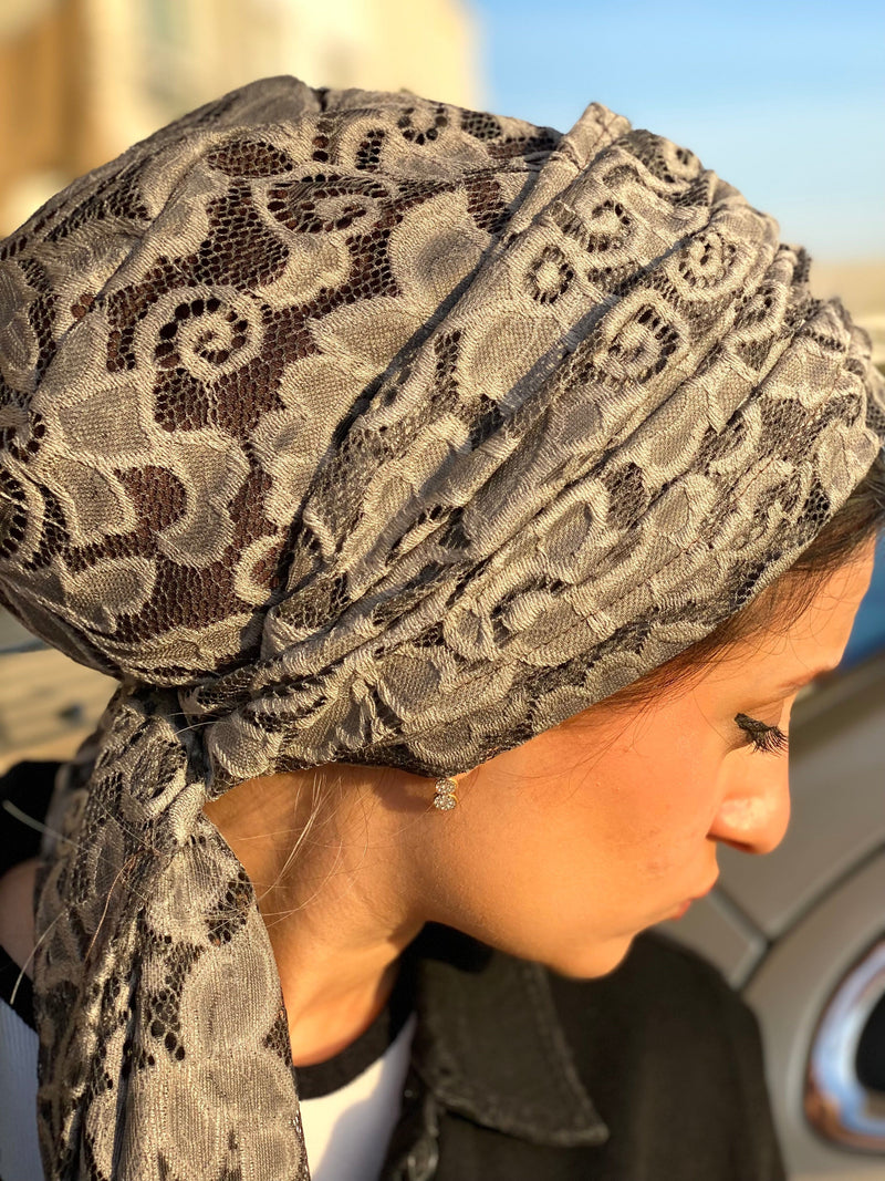 TurbansStuff Beanie Beanie Wrap Lace - Grayish Brown  (Designer Mask Included) Handmade Luxury Fashion Women Headwrap