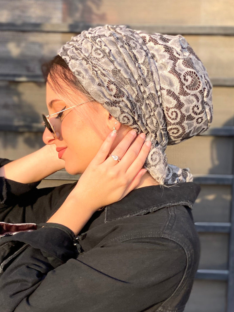 TurbansStuff Beanie Beanie Wrap Lace - Grayish Brown  (Designer Mask Included) Handmade Luxury Fashion Women Headwrap