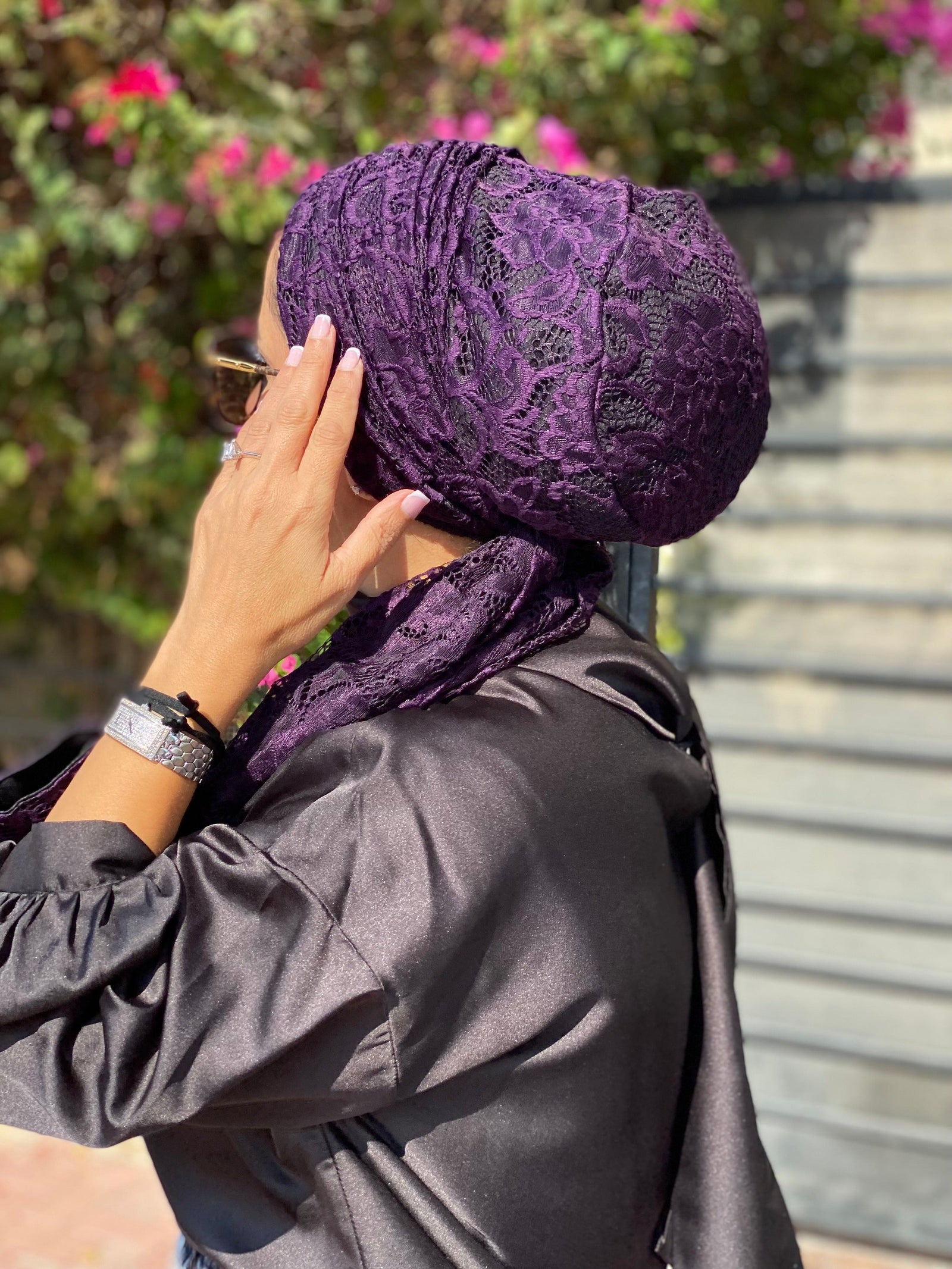 Lilac Bow Beanie | Beanie Wrap Lace - Lilac | Turbans Stuff