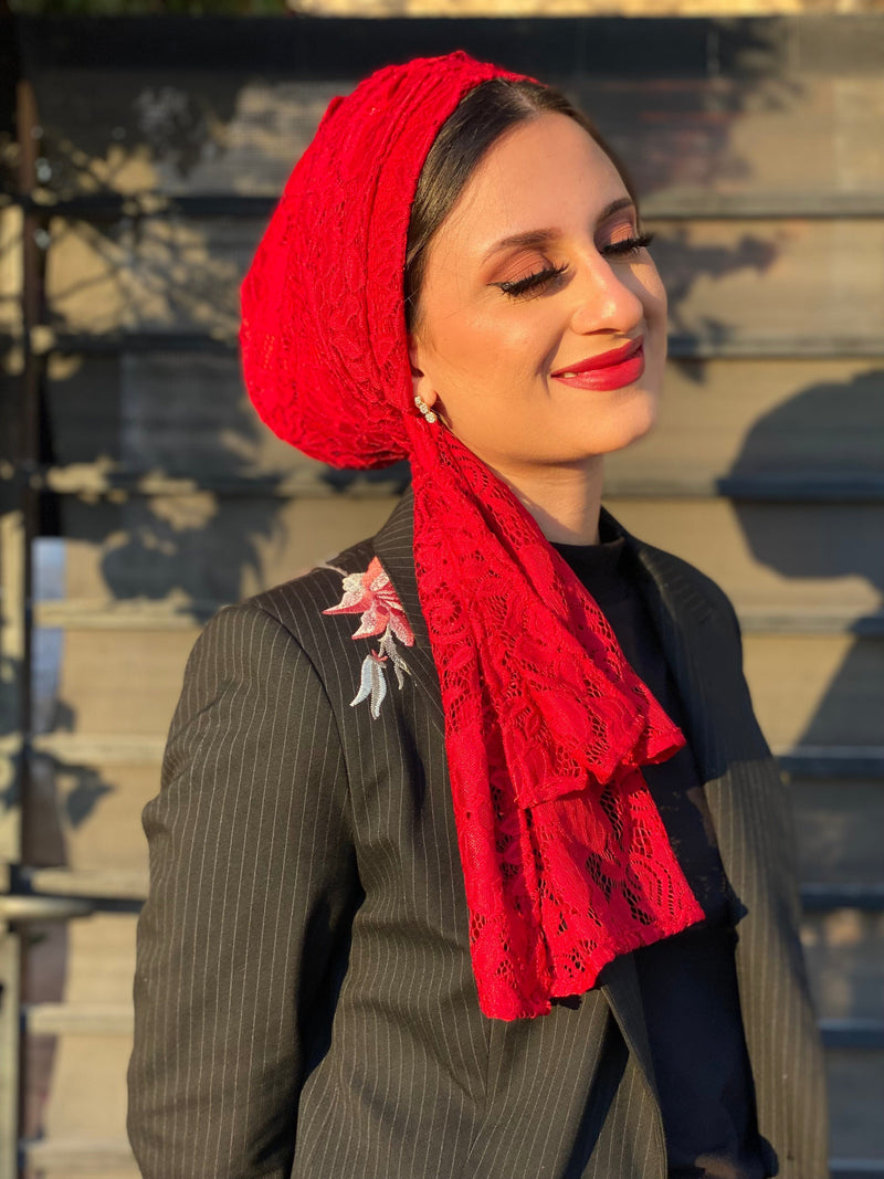 TurbansStuff Beanie Beanie Wrap Lace - Red (Designer Mask Included) Handmade Luxury Fashion Women Headwrap