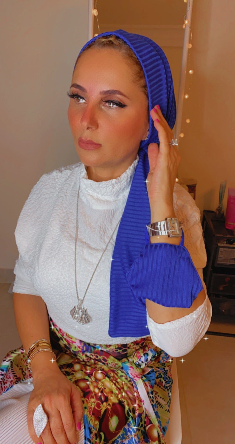 TurbansStuff Beanie Beanie Wrap Ribbed Jersey - Blue (Designer Mask Included) Handmade Luxury Fashion Women Headwrap