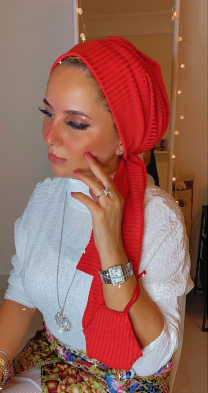 TurbansStuff Beanie Beanie Wrap Ribbed Jersey - Orange (Designer Mask Included) Handmade Luxury Fashion Women Headwrap