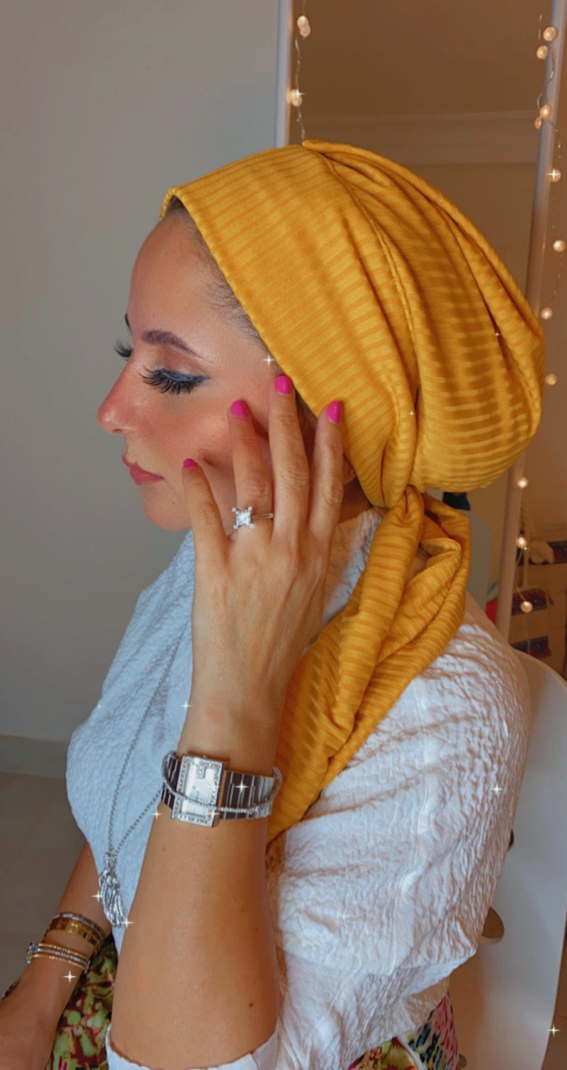 TurbansStuff Beanie Beanie Wrap Ribbed Jersey - Yellow (Designer Mask Included) Handmade Luxury Fashion Women Headwrap