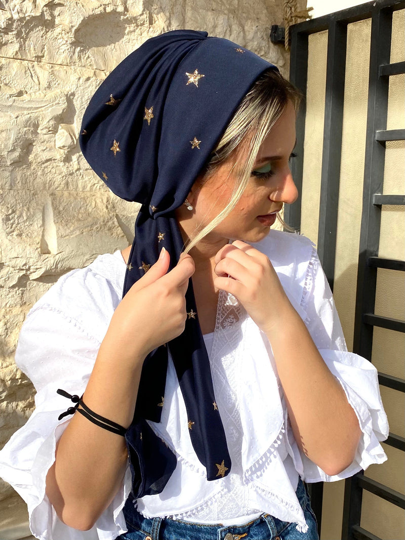 TurbansStuff Beanie Beanie Wrap Shimmery - Navy Chiffon (Designer Mask Included) Handmade Luxury Fashion Women Headwrap