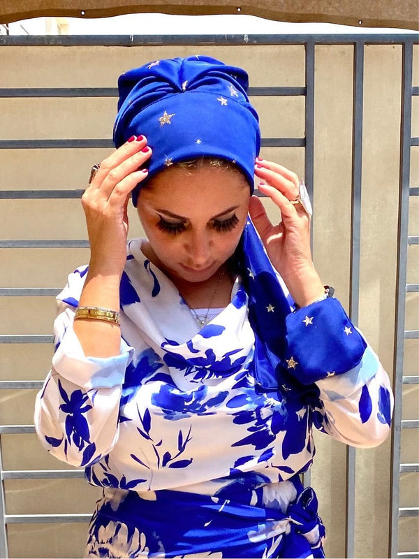 TurbansStuff Beanie Beanie Wrap Shimmery - Ocean Chiffon with (Designer Mask Included) Handmade Luxury Fashion Women Headwrap