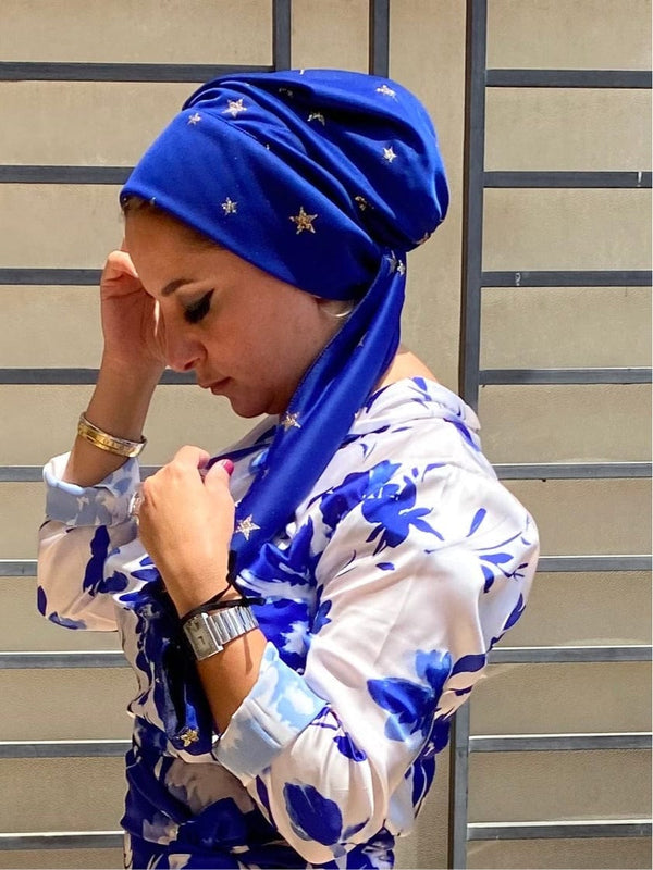 TurbansStuff Beanie Beanie Wrap Shimmery - Ocean Chiffon with (Designer Mask Included) Handmade Luxury Fashion Women Headwrap