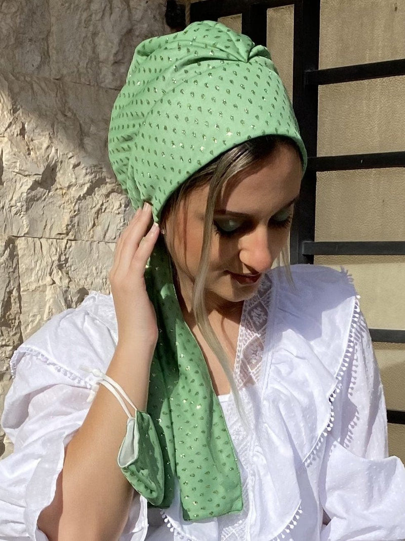 TurbansStuff Beanie Beanie Wrap Shimmery - Pistach Chiffon (Designer Mask Included) Handmade Luxury Fashion Women Headwrap