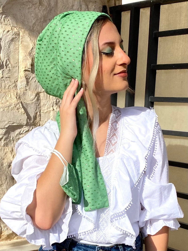 TurbansStuff Beanie Beanie Wrap Shimmery - Pistach Chiffon (Designer Mask Included) Handmade Luxury Fashion Women Headwrap