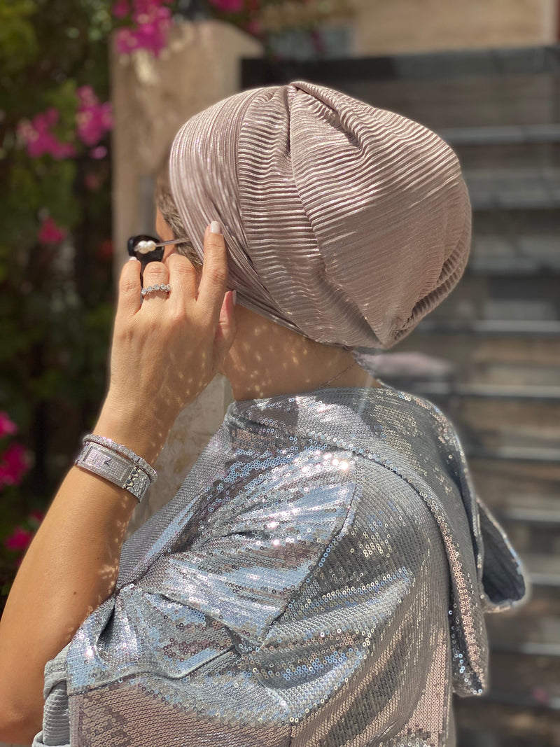 TurbansStuff Beanie Metallic Beanie - Khaki Shimmer (Designer Mask Included) Handmade Luxury Fashion Women Headwrap