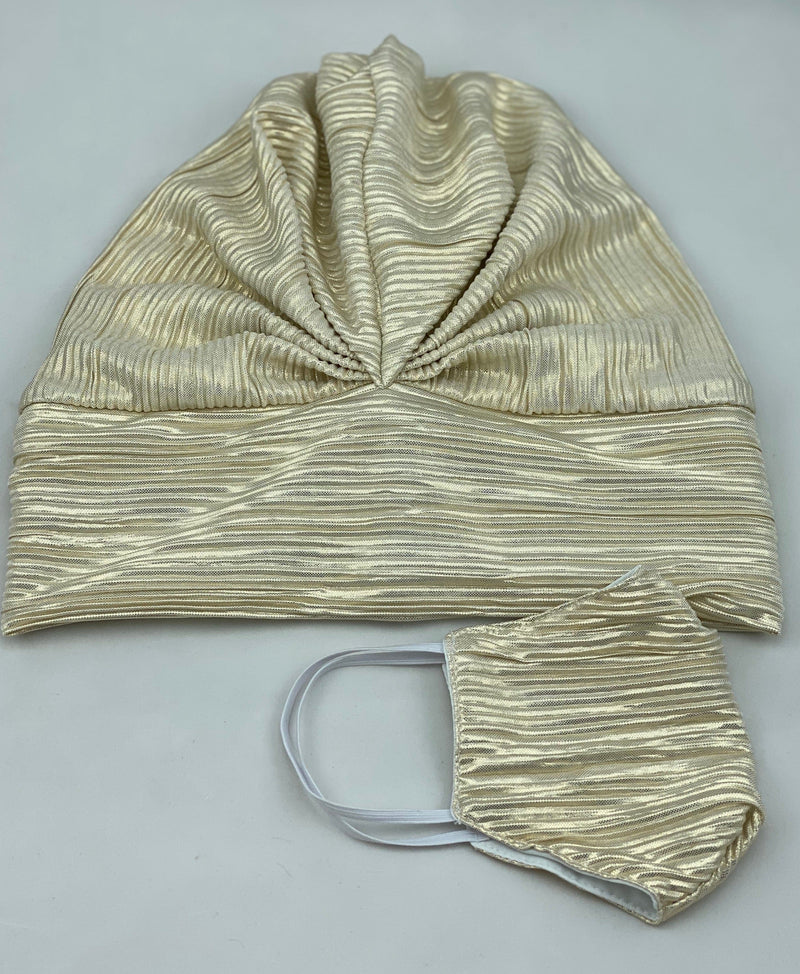 TurbansStuff Beanie Metallic Beanie - White Gold (Designer Mask Included) Handmade Luxury Fashion Women Headwrap