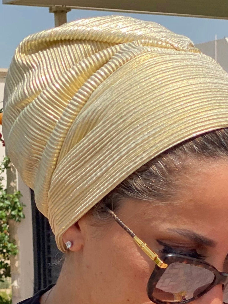 TurbansStuff Beanie Metallic Beanie - Yellow Gold (Designer Mask Included) Handmade Luxury Fashion Women Headwrap