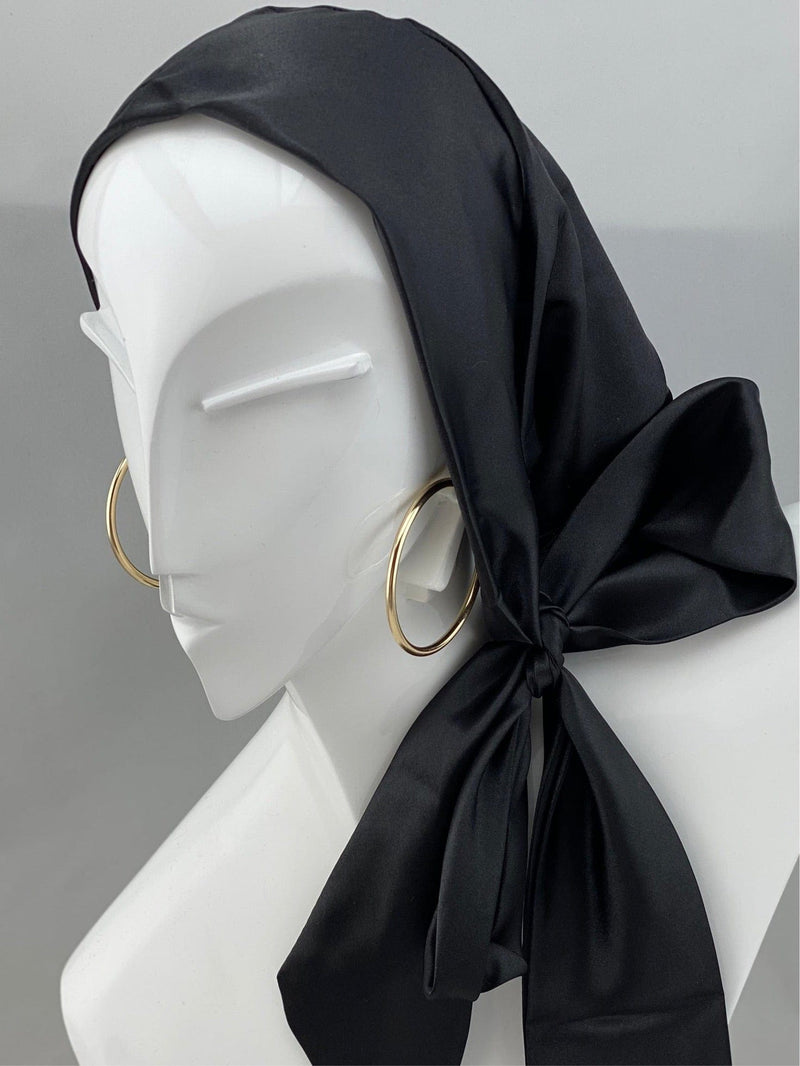 TurbansStuff Beanie Satin Beanie Wrap - Black Handmade Luxury Fashion Women Headwrap