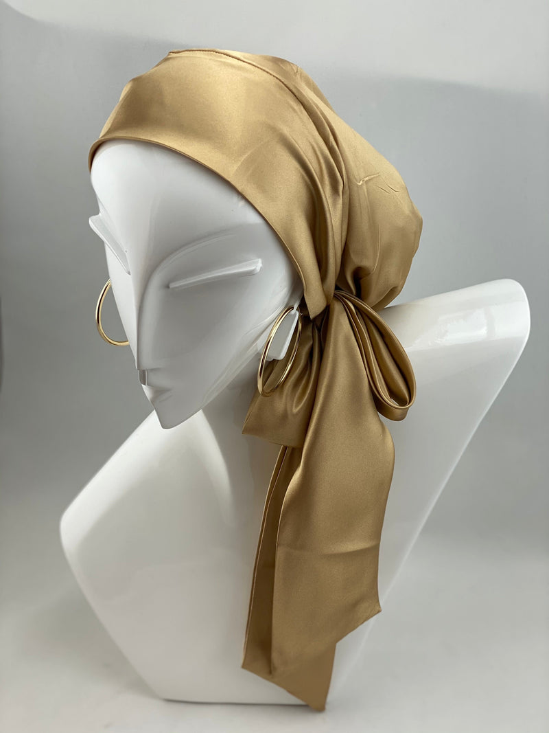 TurbansStuff Beanie Satin Beanie Wrap - Gold Handmade Luxury Fashion Women Headwrap