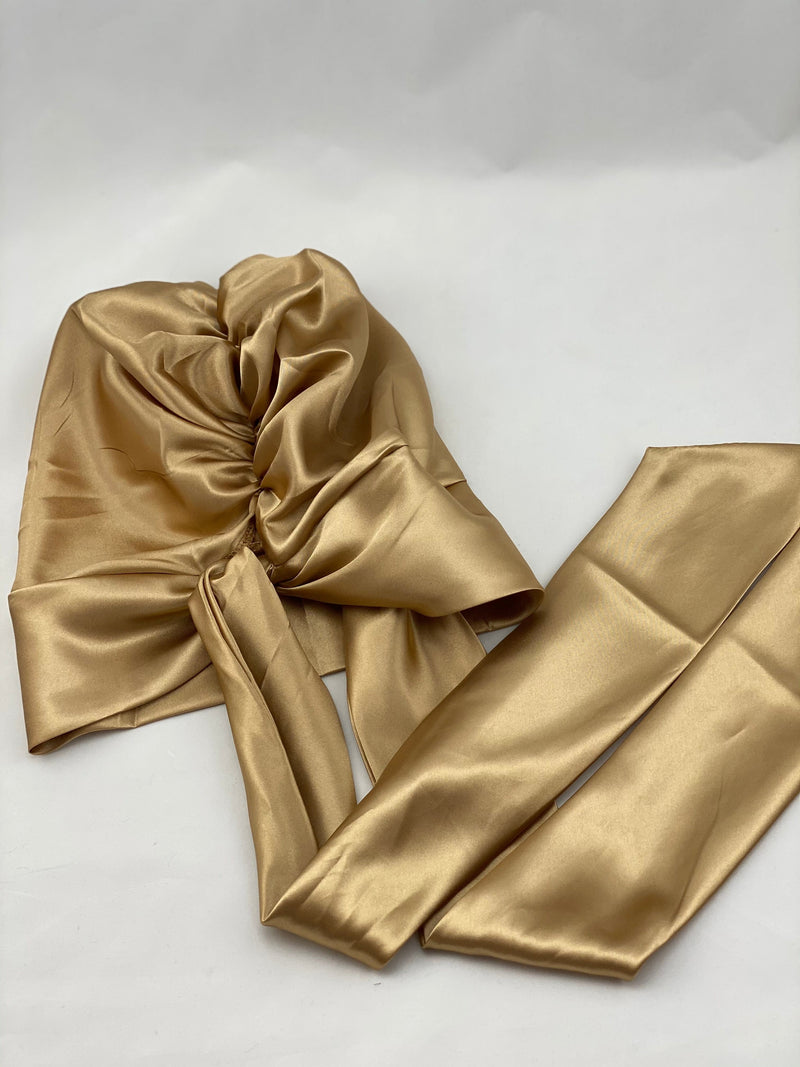 TurbansStuff Beanie Satin Beanie Wrap - Gold Handmade Luxury Fashion Women Headwrap