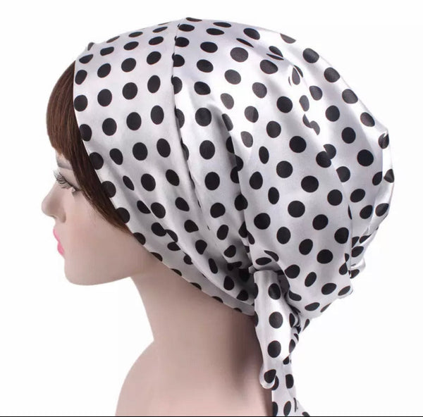 TurbansStuff Beanie Satin Beanie Wrap - Polka Dots Handmade Luxury Fashion Women Headwrap