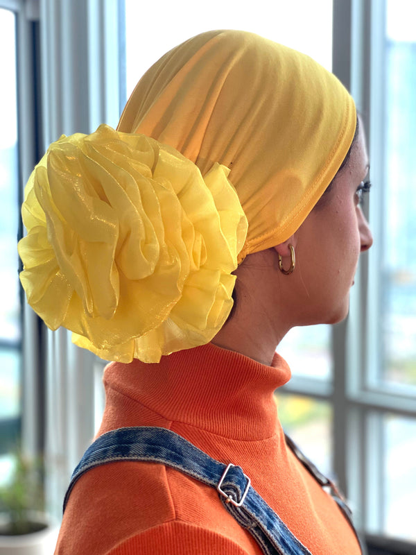 TurbansStuff Cap Scrunchie Cap - Yellow (small flower volume in the back) Handmade Luxury Fashion Women Headwrap