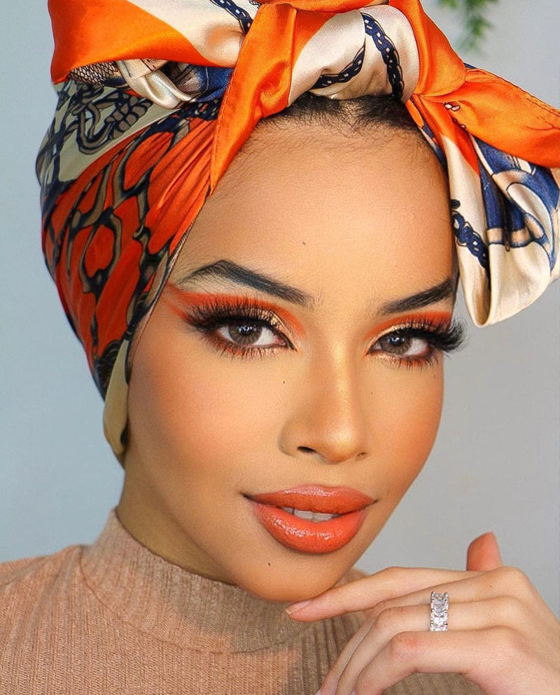 TurbansStuff Satin square scarf - Chain orange Handmade Luxury Fashion Women Headwrap