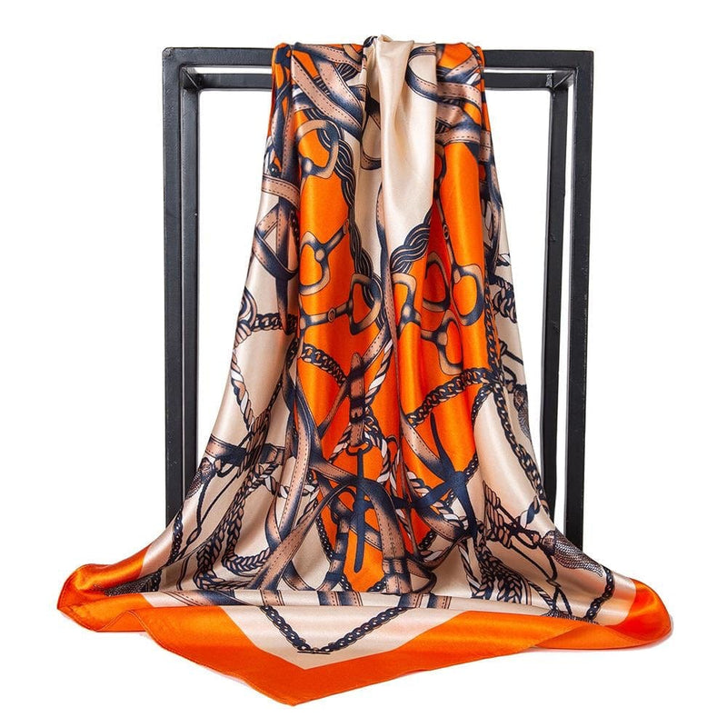 TurbansStuff Satin square scarf - Chain orange Handmade Luxury Fashion Women Headwrap