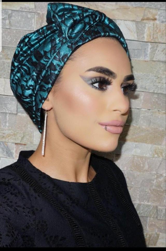TurbansStuff TURBAN BOW Lace Style - Turquoise Black Handmade Luxury Fashion Women Headwrap