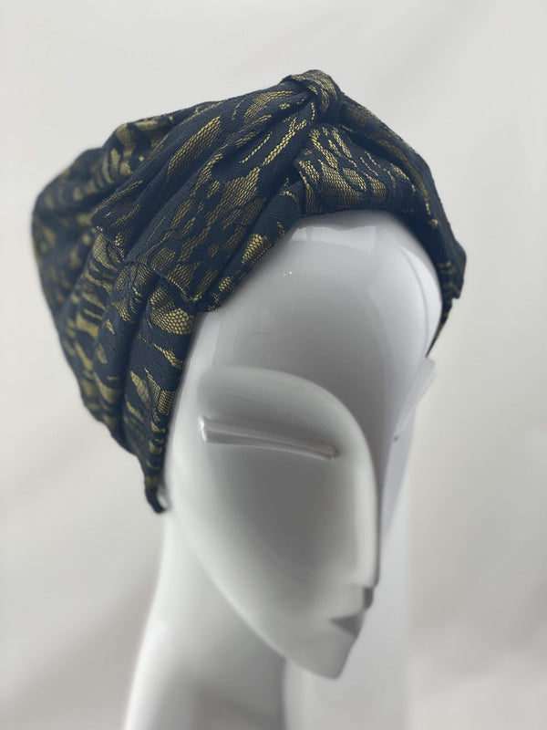 TurbansStuff TURBAN BOW Lace Style - Yellow Black Handmade Luxury Fashion Women Headwrap