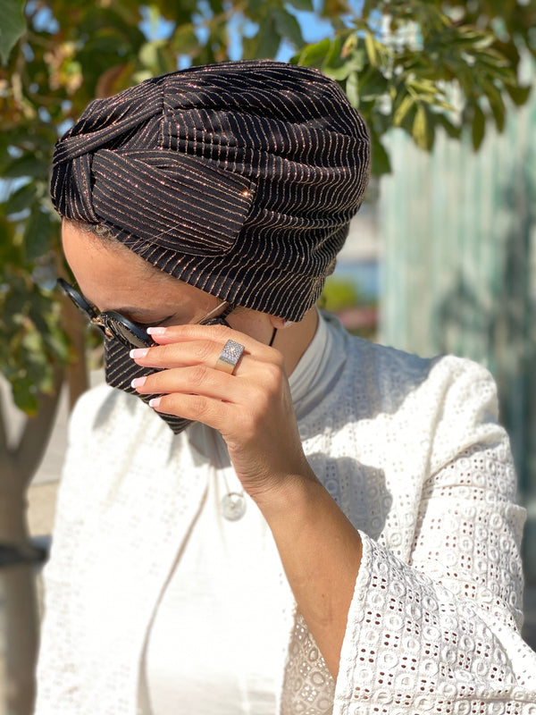 TurbansStuff Turban Jersey Shimmer Bow - New Black Gold Stripes (Designer Mask Included) Handmade Luxury Fashion Women Headwrap
