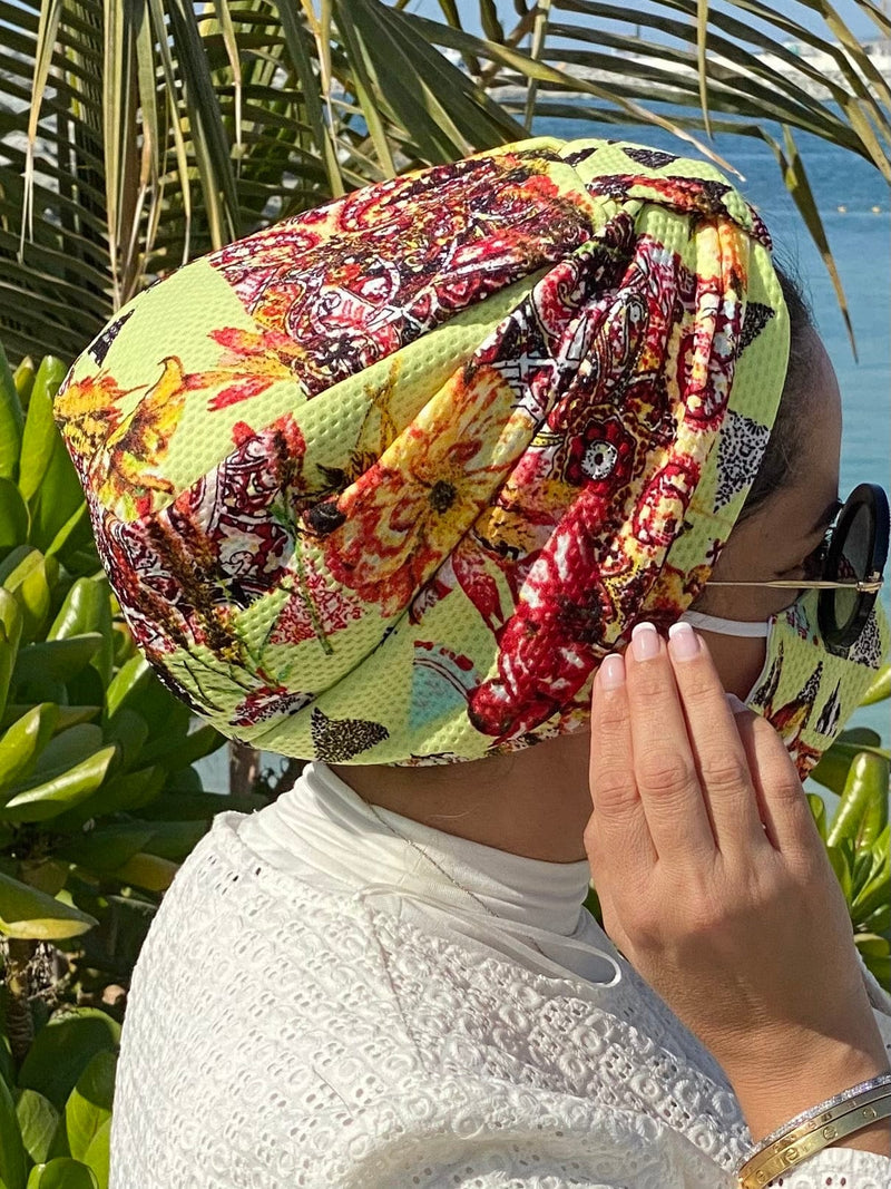 TurbansStuff Turban Turban Floral - Neon (Designer Mask Included) Handmade Luxury Fashion Women Headwrap