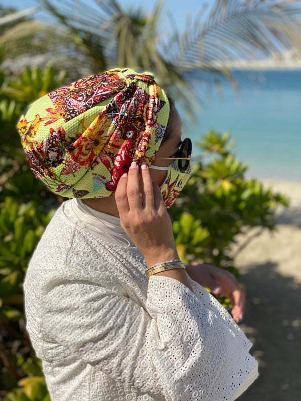 TurbansStuff Turban Turban Floral - Neon (Designer Mask Included) Handmade Luxury Fashion Women Headwrap