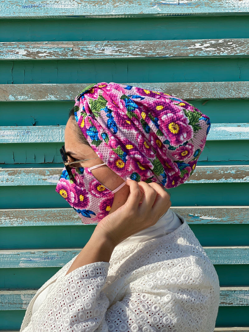 TurbansStuff Turban Turban Floral - purple (Designer Mask Included) Handmade Luxury Fashion Women Headwrap