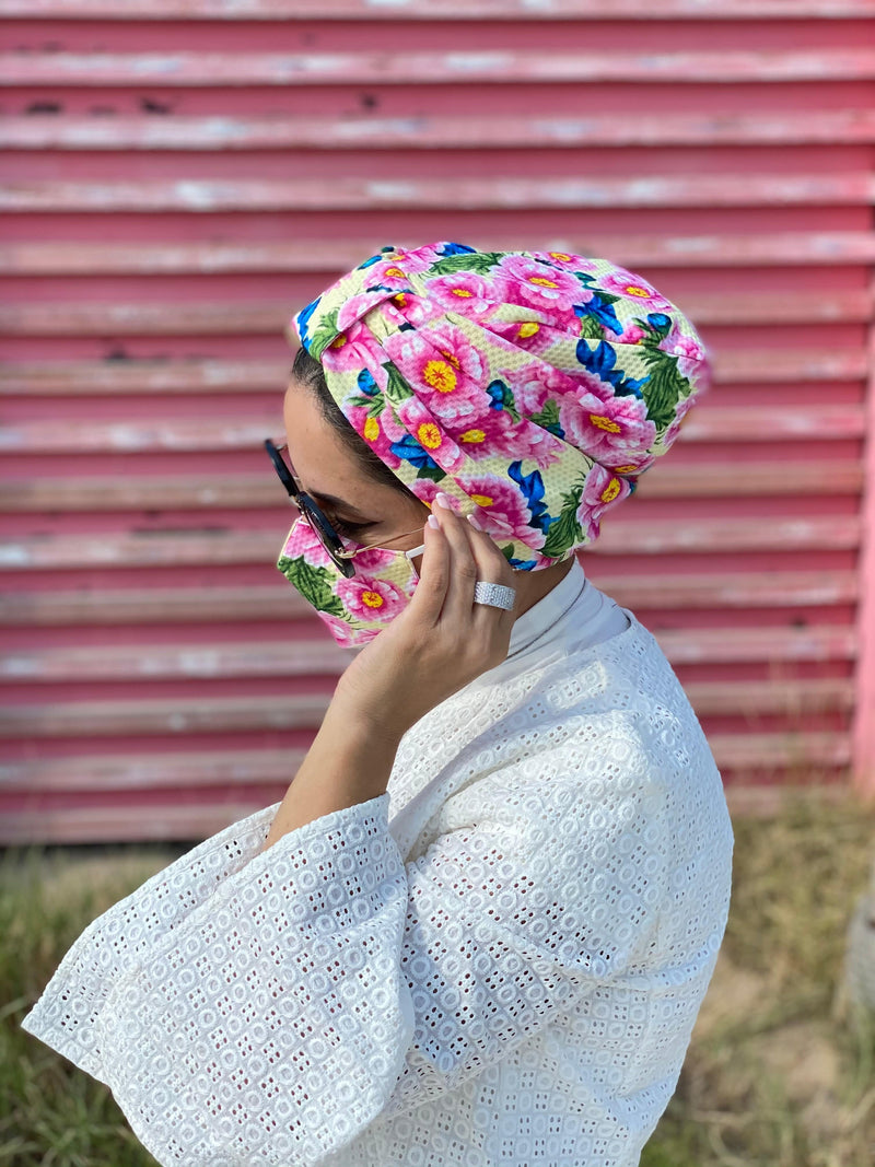TurbansStuff Turban Turban Floral - Yellow (Designer Mask Included) Handmade Luxury Fashion Women Headwrap