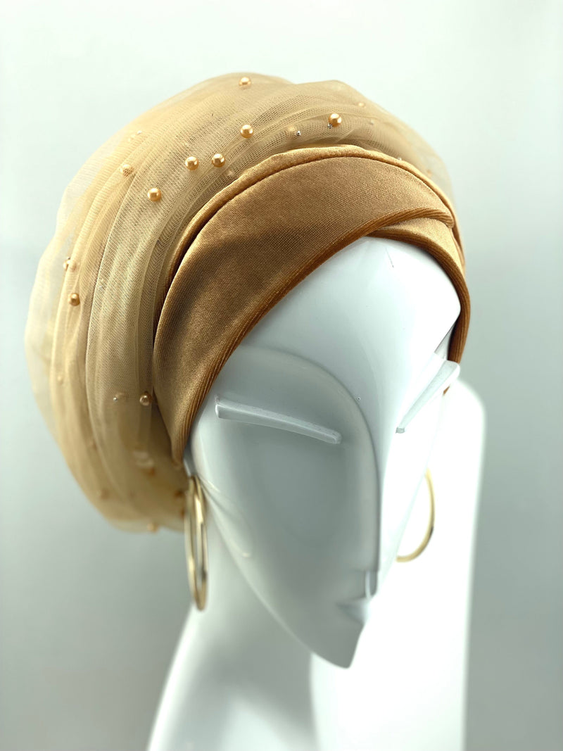 Turbansstuff Wrap Copy of Wrap - Gold Velvet Beanie Lace With Pearls (Last Piece) Handmade Luxury Fashion Women Headwrap