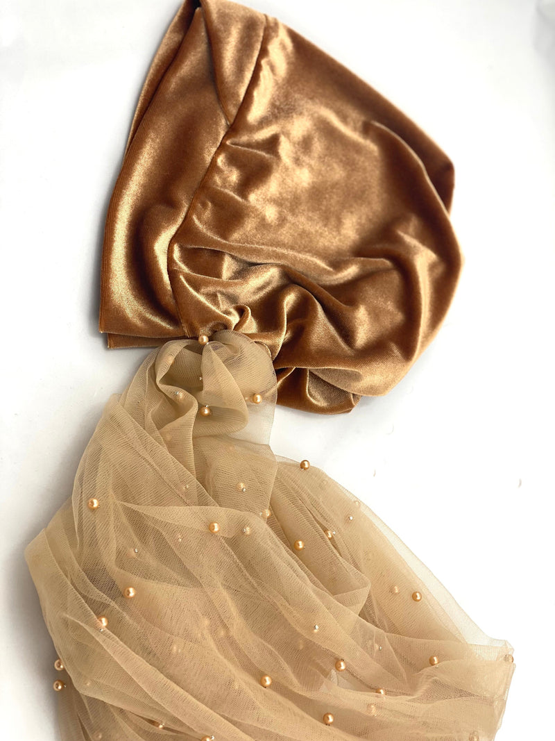Turbansstuff Wrap Copy of Wrap - Gold Velvet Beanie Lace With Pearls (Last Piece) Handmade Luxury Fashion Women Headwrap