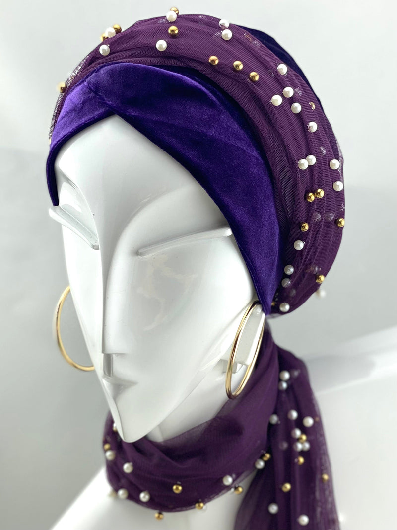 Turbansstuff Wrap Wrap - Purple Velvet Beanie Lace With Pearls (Last Piece) Handmade Luxury Fashion Women Headwrap