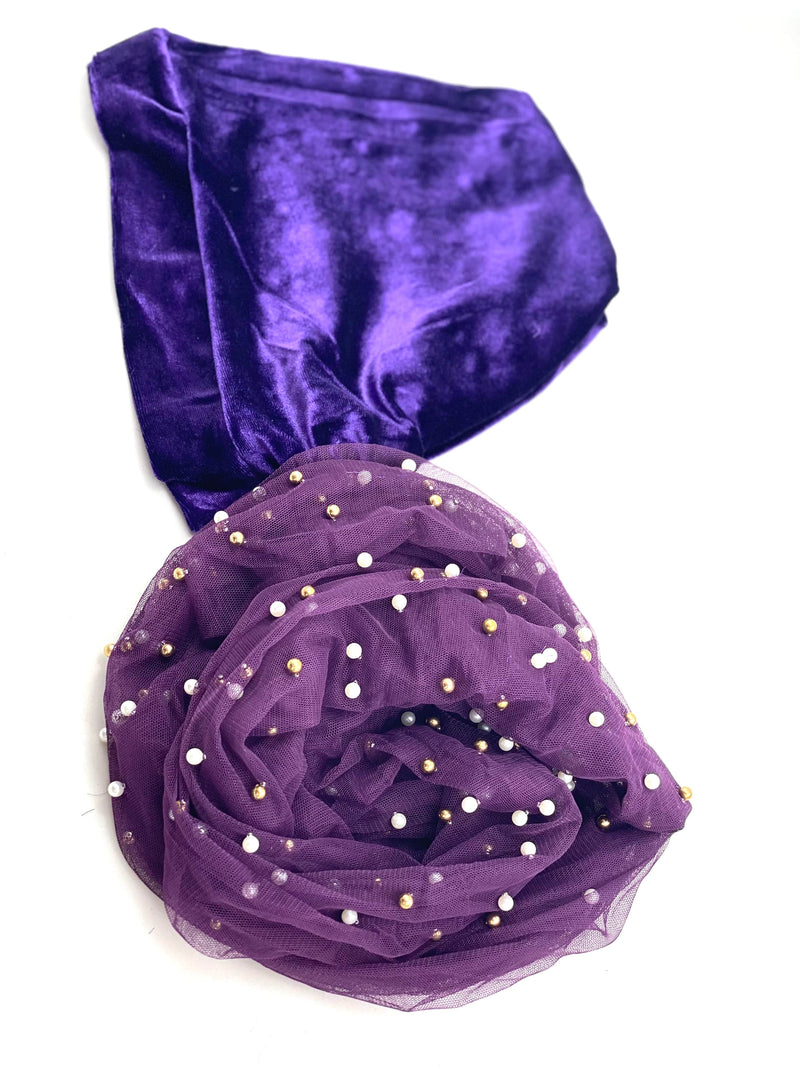 Turbansstuff Wrap Wrap - Purple Velvet Beanie Lace With Pearls (Last Piece) Handmade Luxury Fashion Women Headwrap
